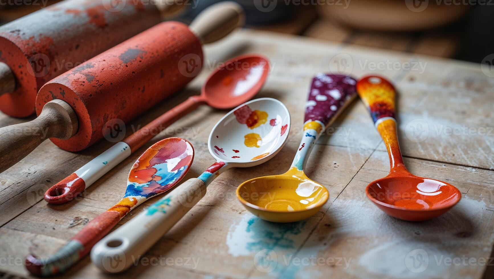Colorful wooden utensils and rolling pins arranged on a rustic table with vibrant paint splatters during a creative crafting session photo