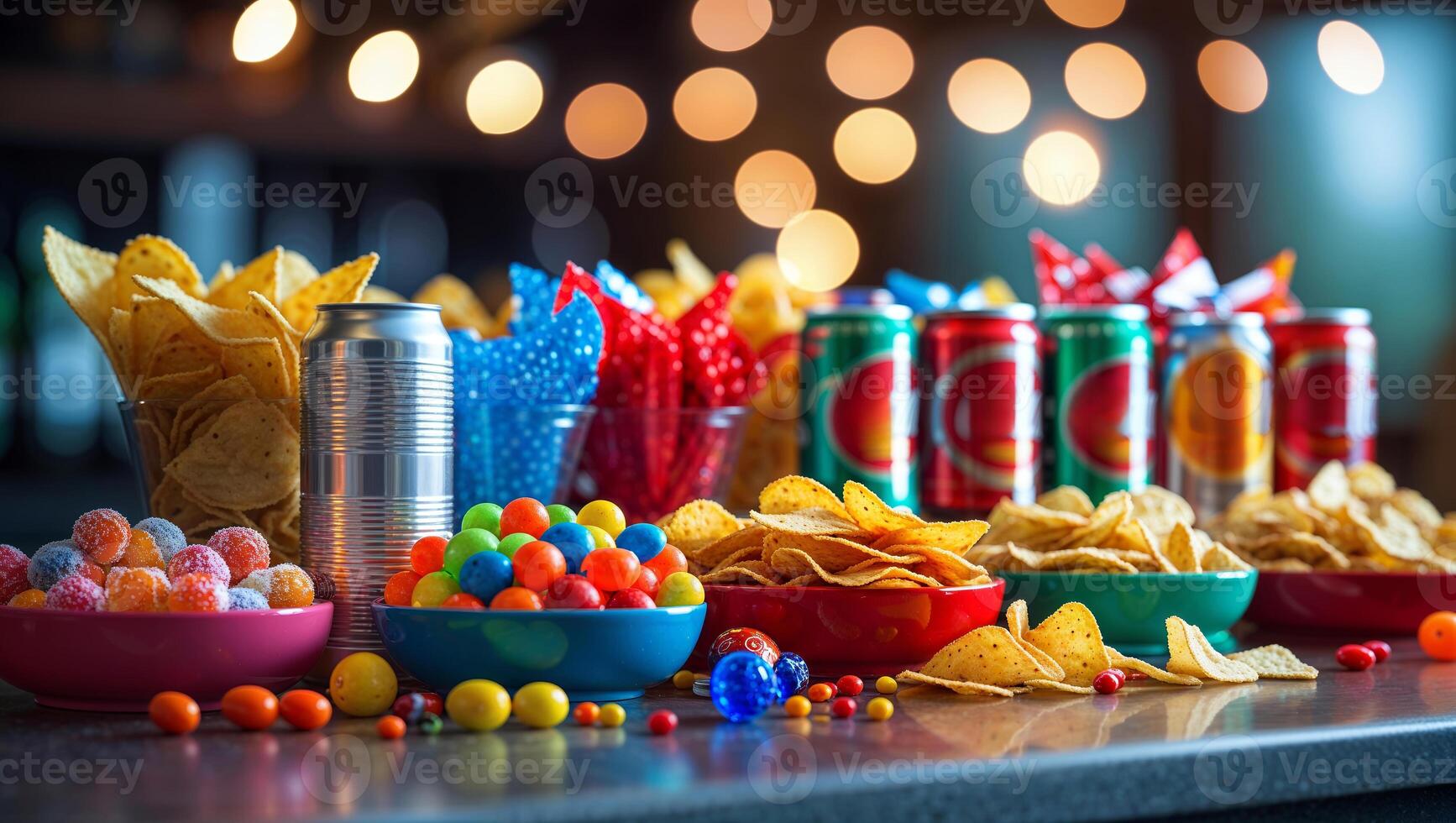 Colorful snacks and drinks arranged for a lively celebration at a casual gathering photo
