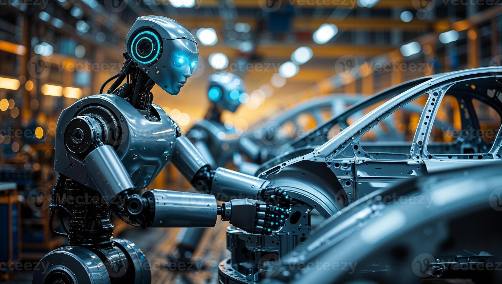 Robots assembling car components in a modern automotive manufacturing facility during a busy workday photo