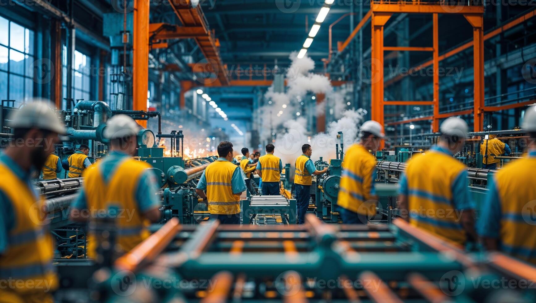 Workers operate machinery in a busy industrial factory during daytime with steam rising photo