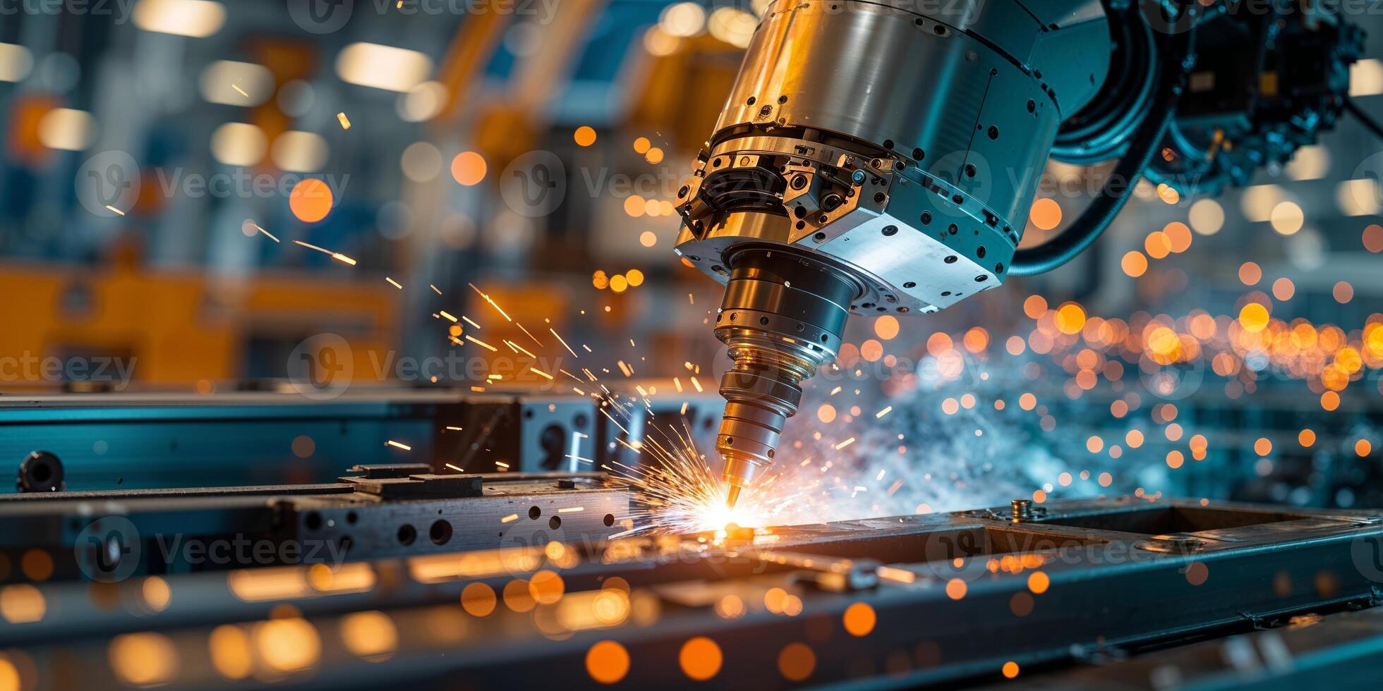 Robotic welder in action at an industrial facility during daylight, creating sparks and showcasing advanced manufacturing techniques photo