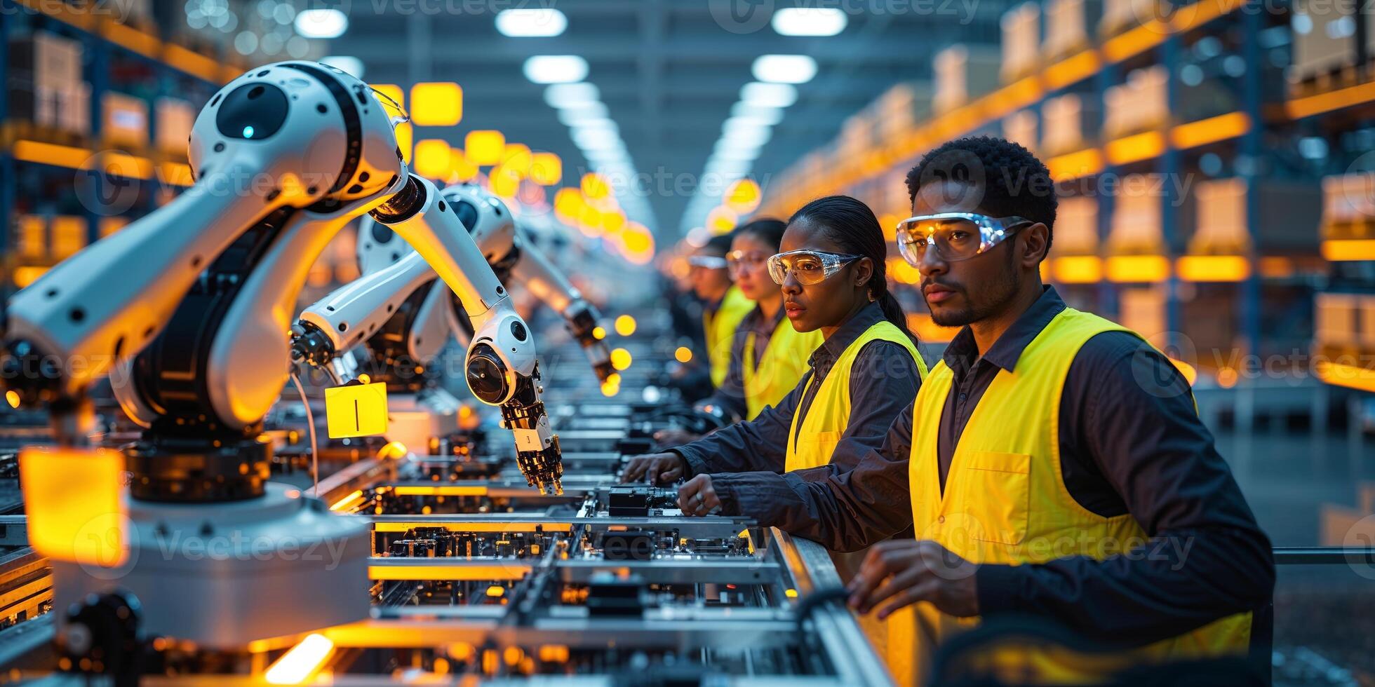 Workers collaborate with robotic arms in an industrial facility during a busy daytime shift photo