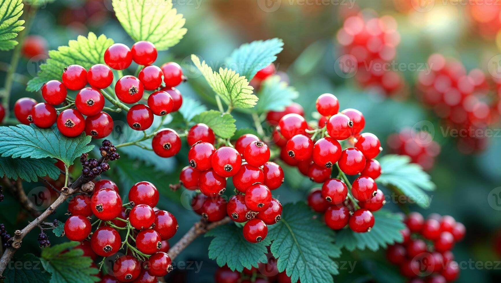 Fresh red currants growing on a shrub in a sunny garden during early summer photo