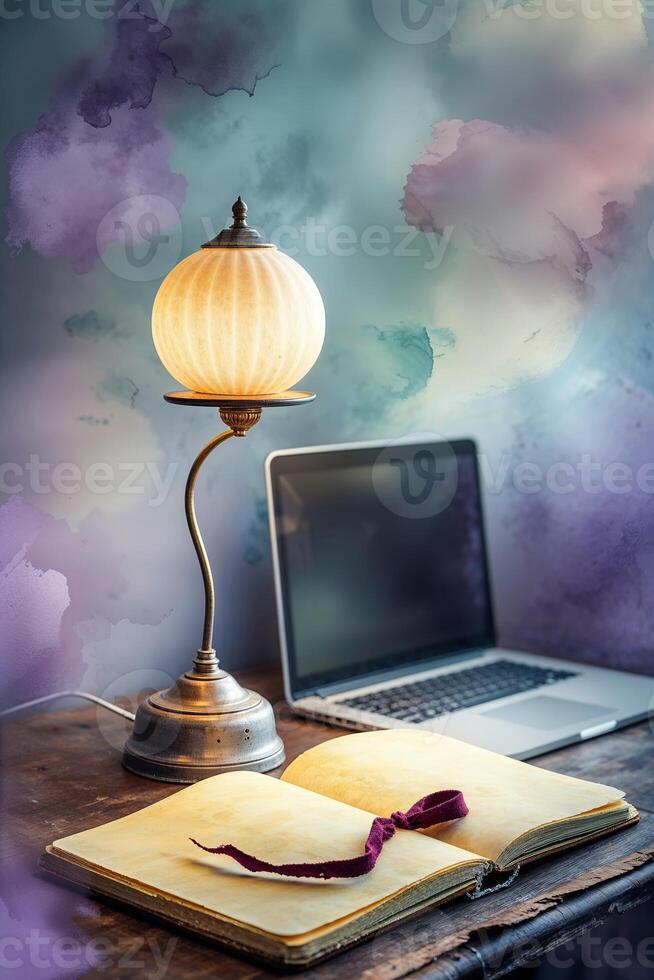 Cozy workspace with a lamp, open book, and laptop set against a colorful abstract background photo