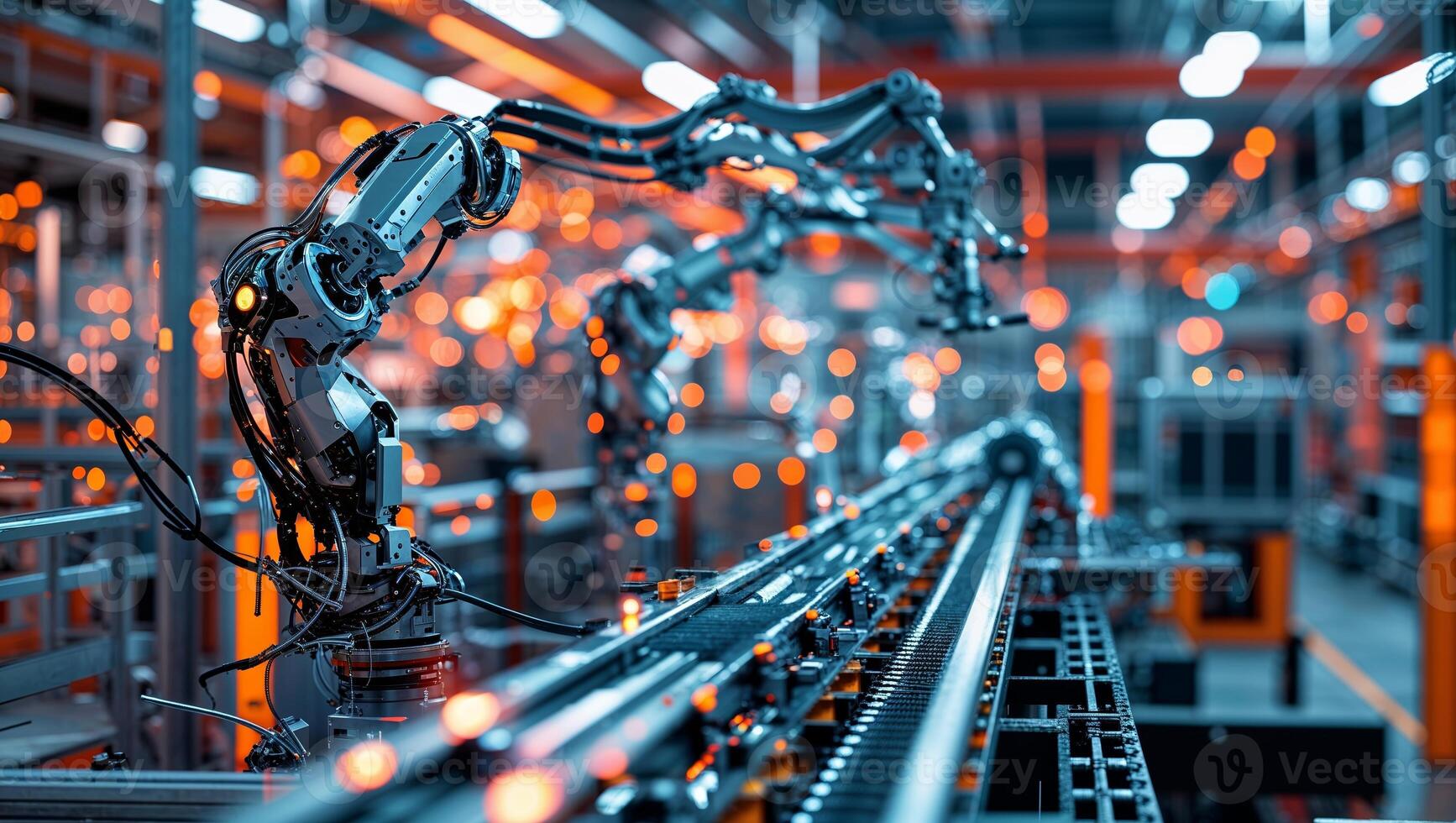 Advanced robotic arms automate assembly line in modern manufacturing facility during evening hours photo