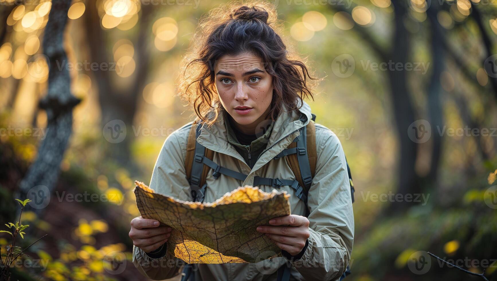 Exploring the wilderness with a map during golden hour in a serene forest setting photo