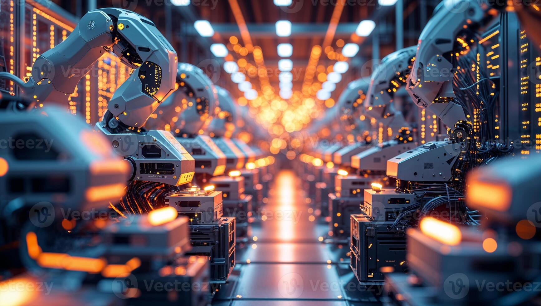 Robotic arms working in a futuristic factory during an automated production process photo