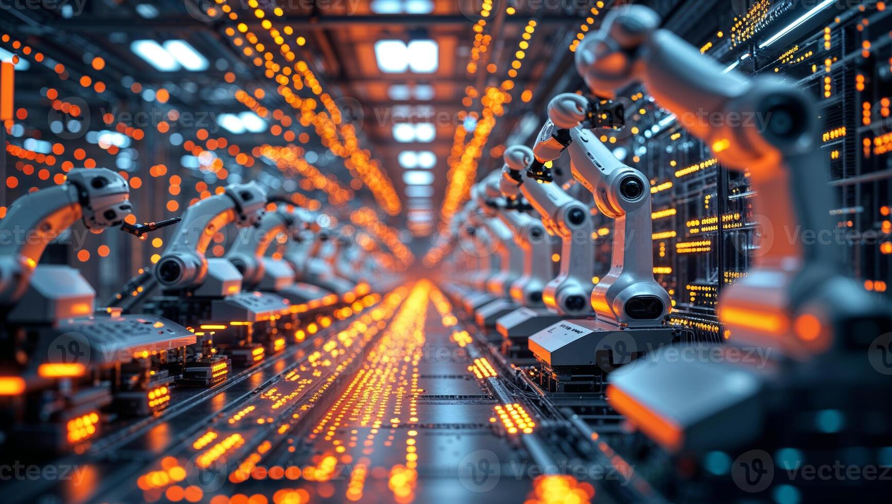 Robotic arms working together in a highly automated factory during a late-night production shift photo