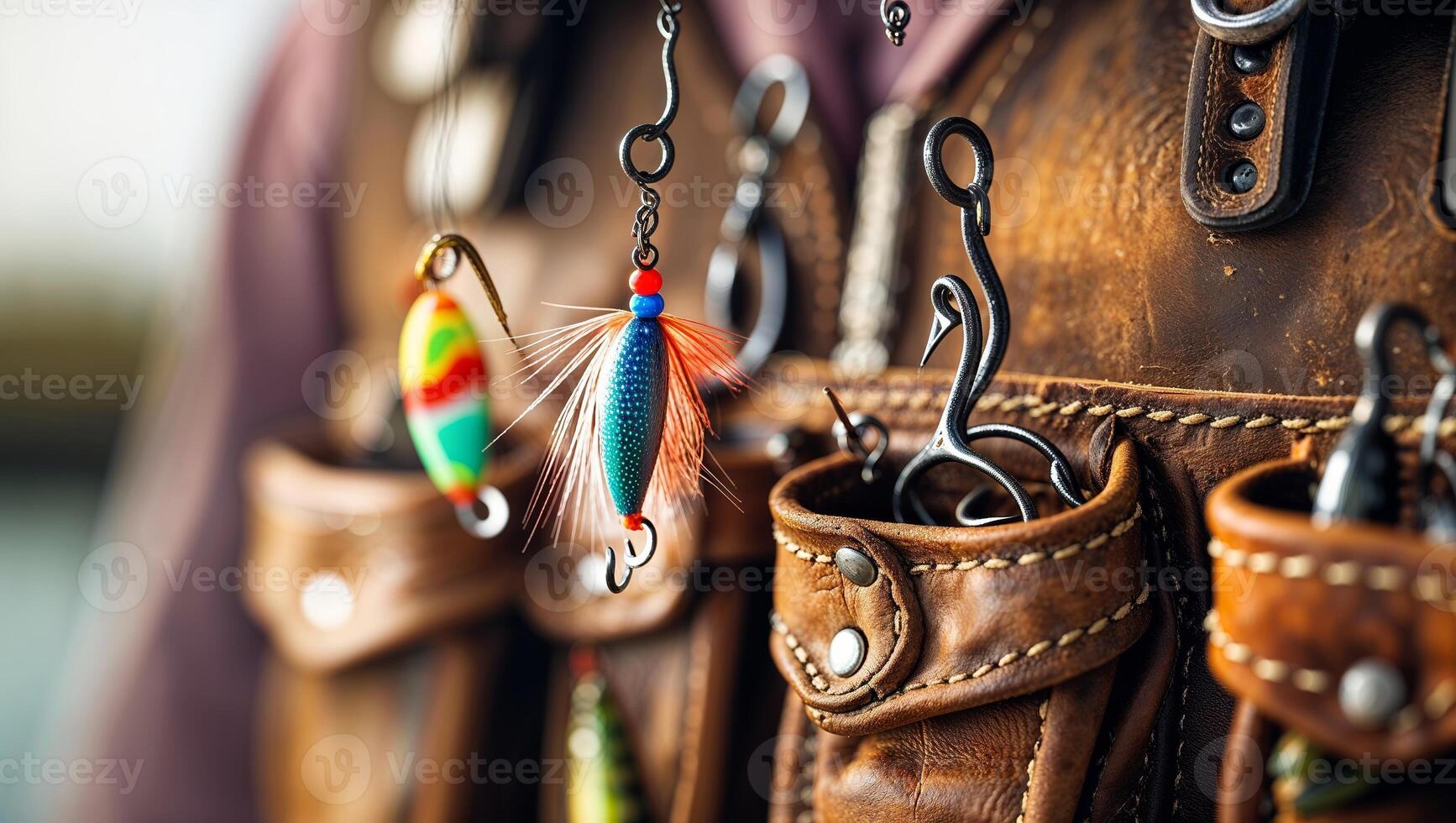 Colorful fishing lures displayed on a leather vest during an outdoor fishing trip on a sunny afternoon photo