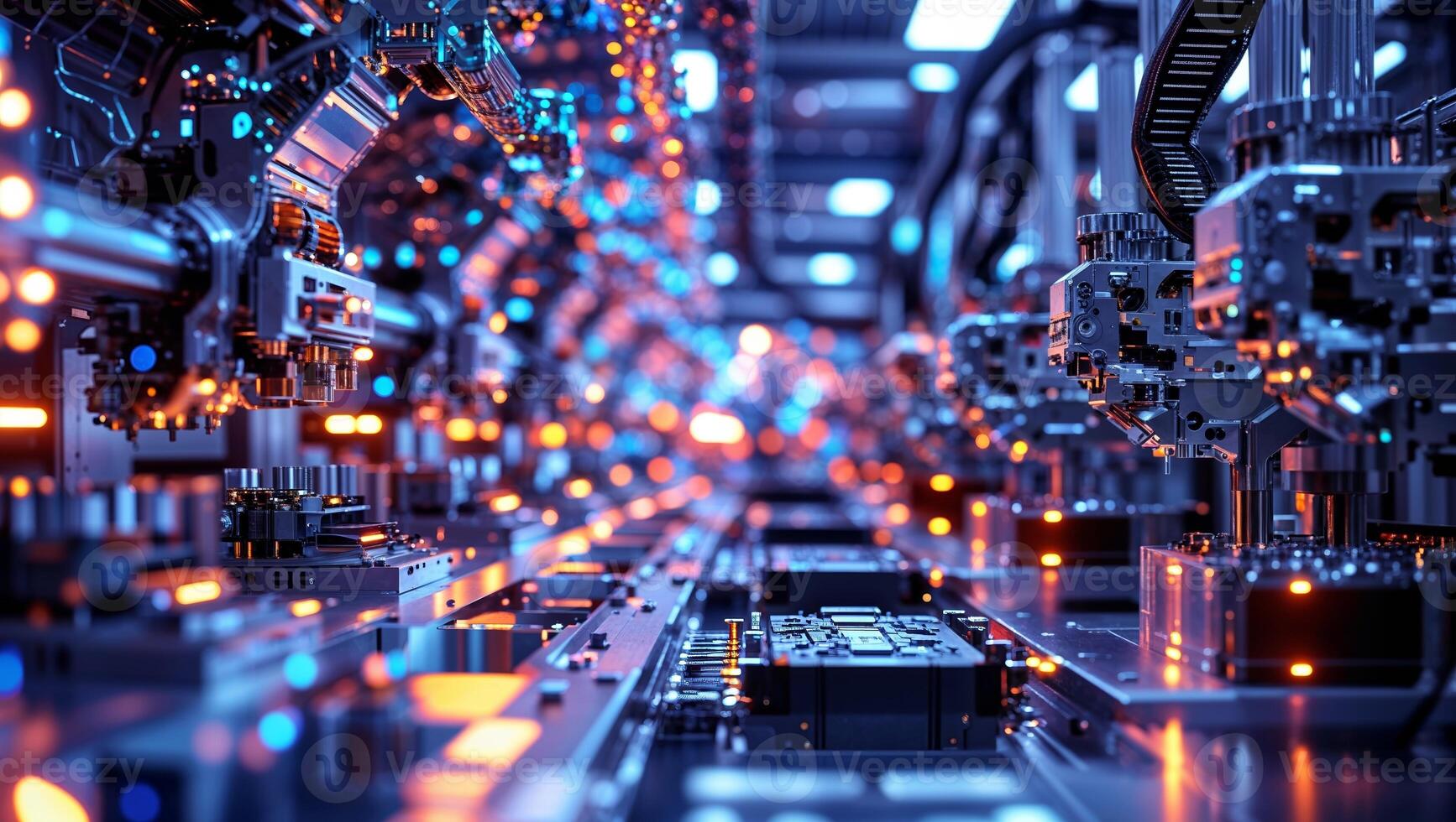 Advanced robotics in a high-tech manufacturing facility showcasing intricate machinery and vibrant lighting photo