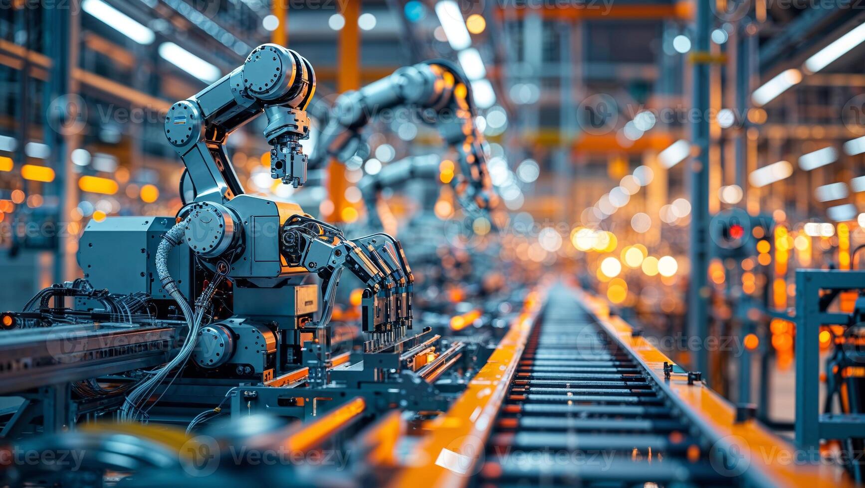 High-tech robotic arms working on an assembly line in a modern manufacturing facility photo