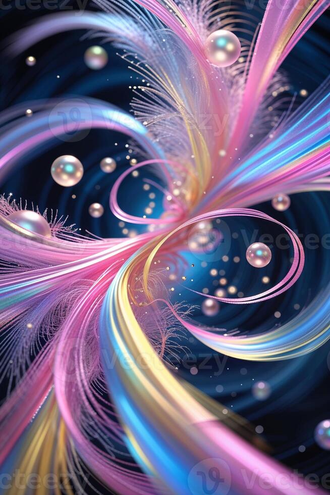 Colorful swirls of abstract design with pearls and feathers creating a captivating visual experience photo