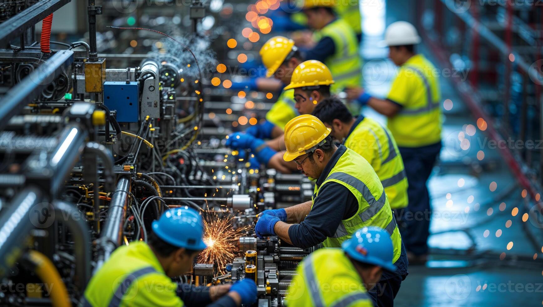 Workers engage in assembly line tasks while wearing safety gear and helmets in a manufacturing facility photo