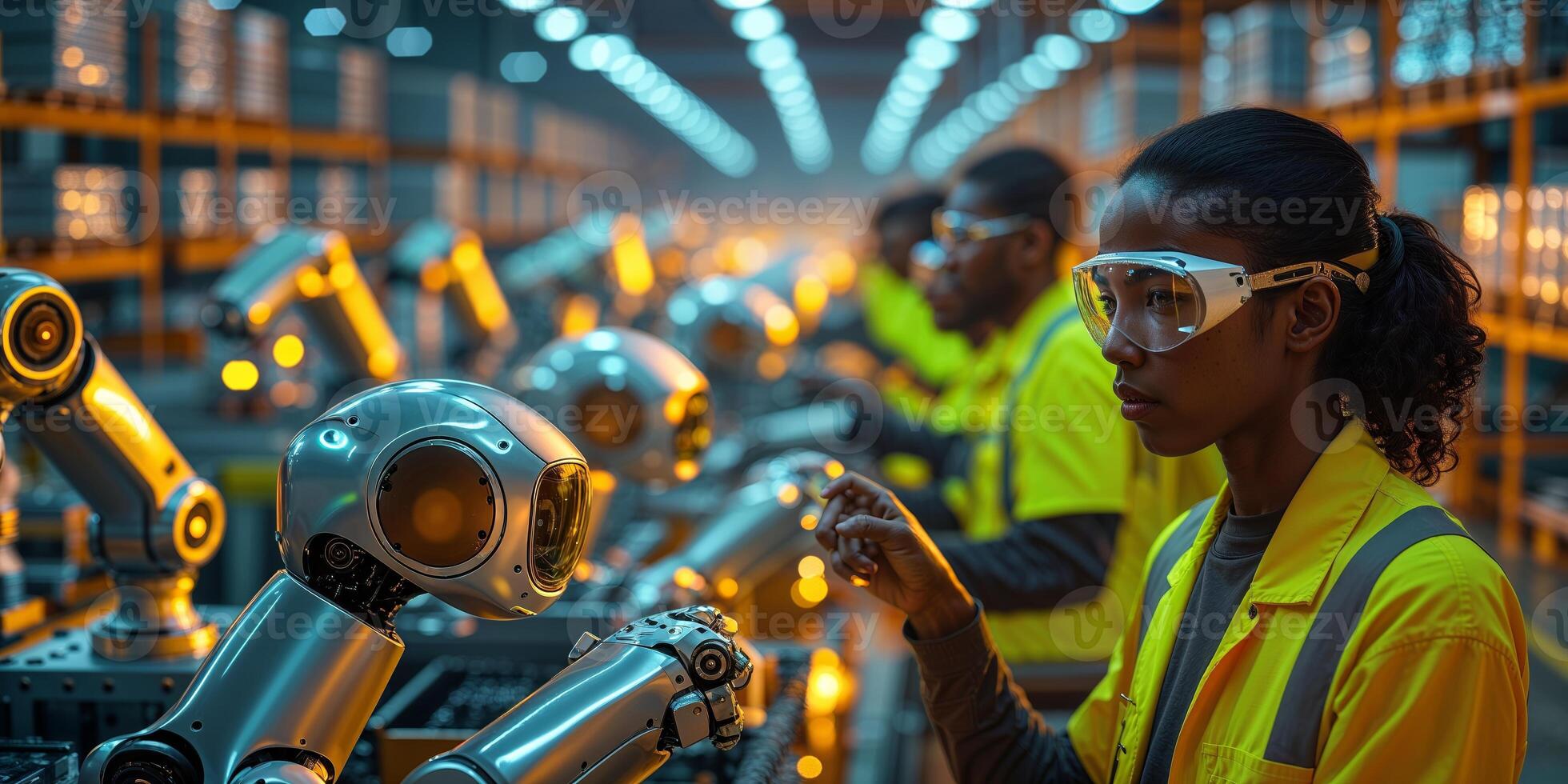 Engineers collaborating with advanced robots in a modern manufacturing facility at night photo