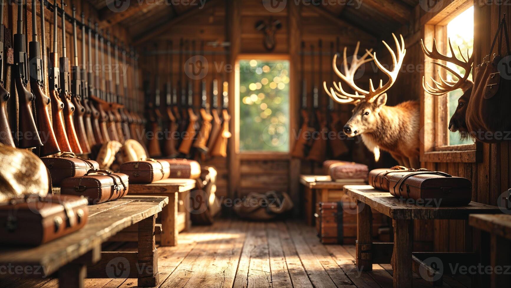 Rustic interior of a hunting cabin with mounted deer head and row of rifles in natural light photo