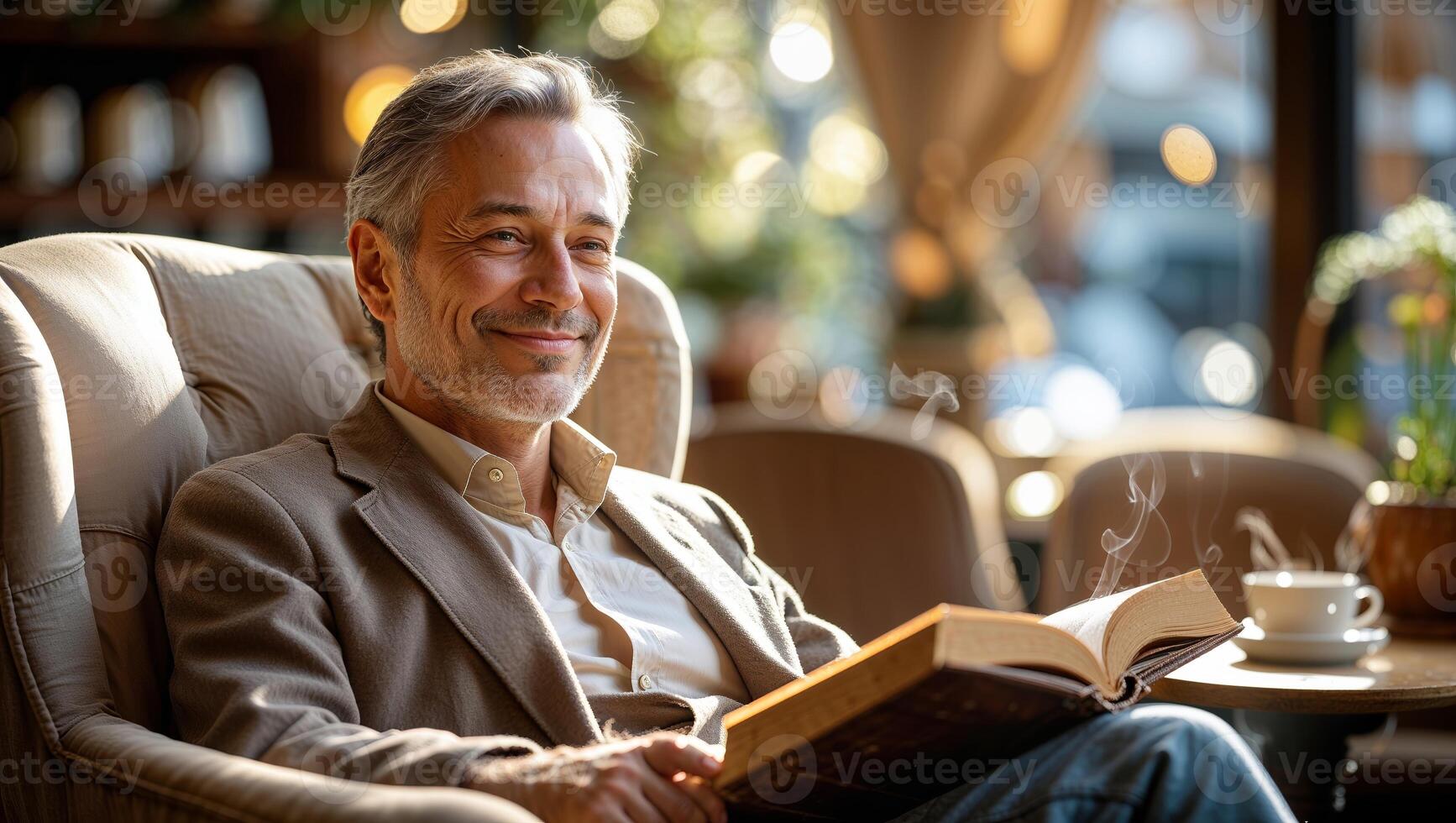 Relaxation and joy in a cozy cafe while reading a book on a sunny afternoon photo