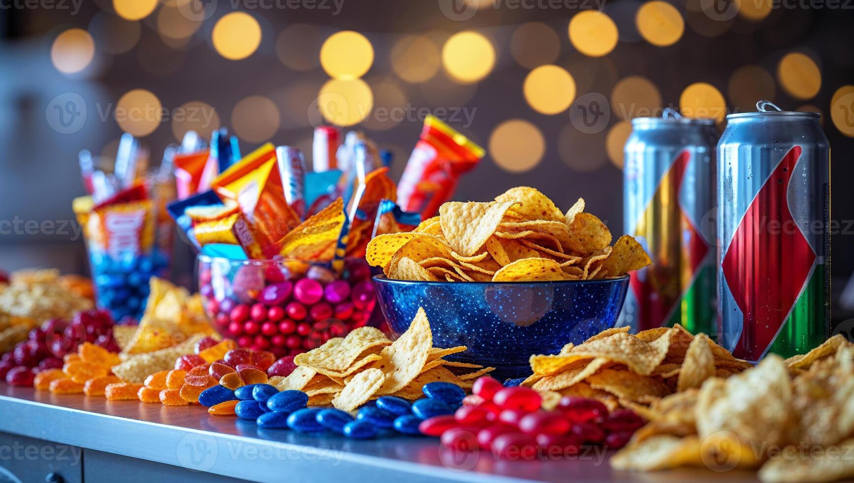 Colorful snack spread for a gathering with chips, candies, and drinks ready for enjoyment during a festive evening photo