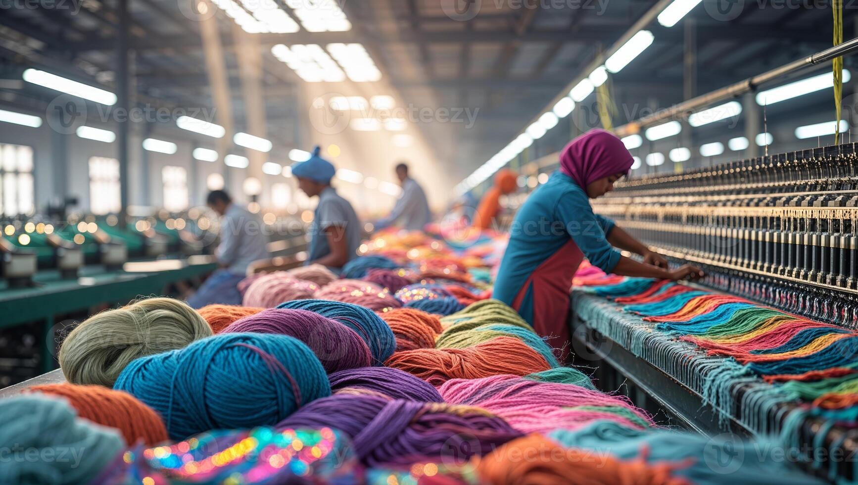 Colorful yarns being sorted in a vibrant textile factory during daylight hours photo