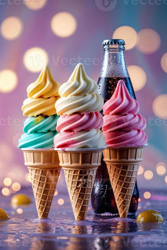 Colorful ice cream cones paired with a fizzy drink create a delightful summer treat in a vibrant setting photo