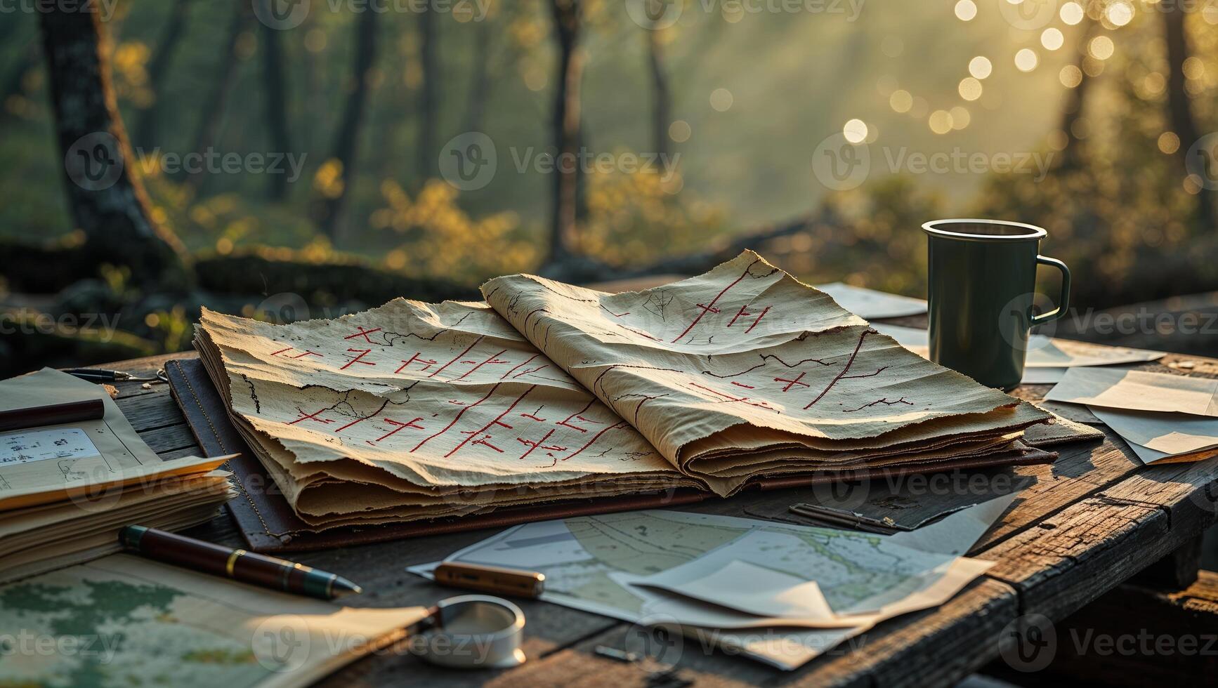 Treasure maps and coffee on a rustic table in a peaceful forest during sunrise photo