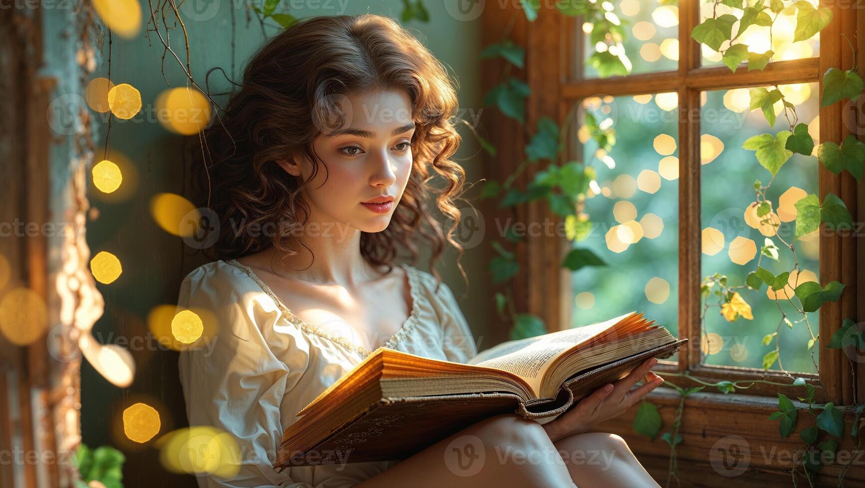 Captivating young woman reading a book by a sunlit window adorned with green ivy and soft glowing lights photo