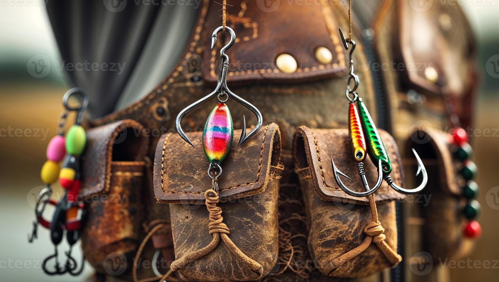Creative fishing lures displayed on a leather vest while preparing for an afternoon fishing trip by the lake photo