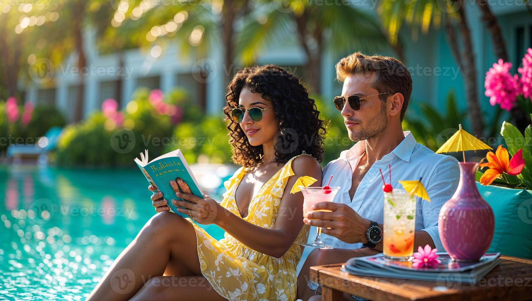 Couple relaxing by the poolside in a tropical resort enjoying drinks and a book during sunset photo