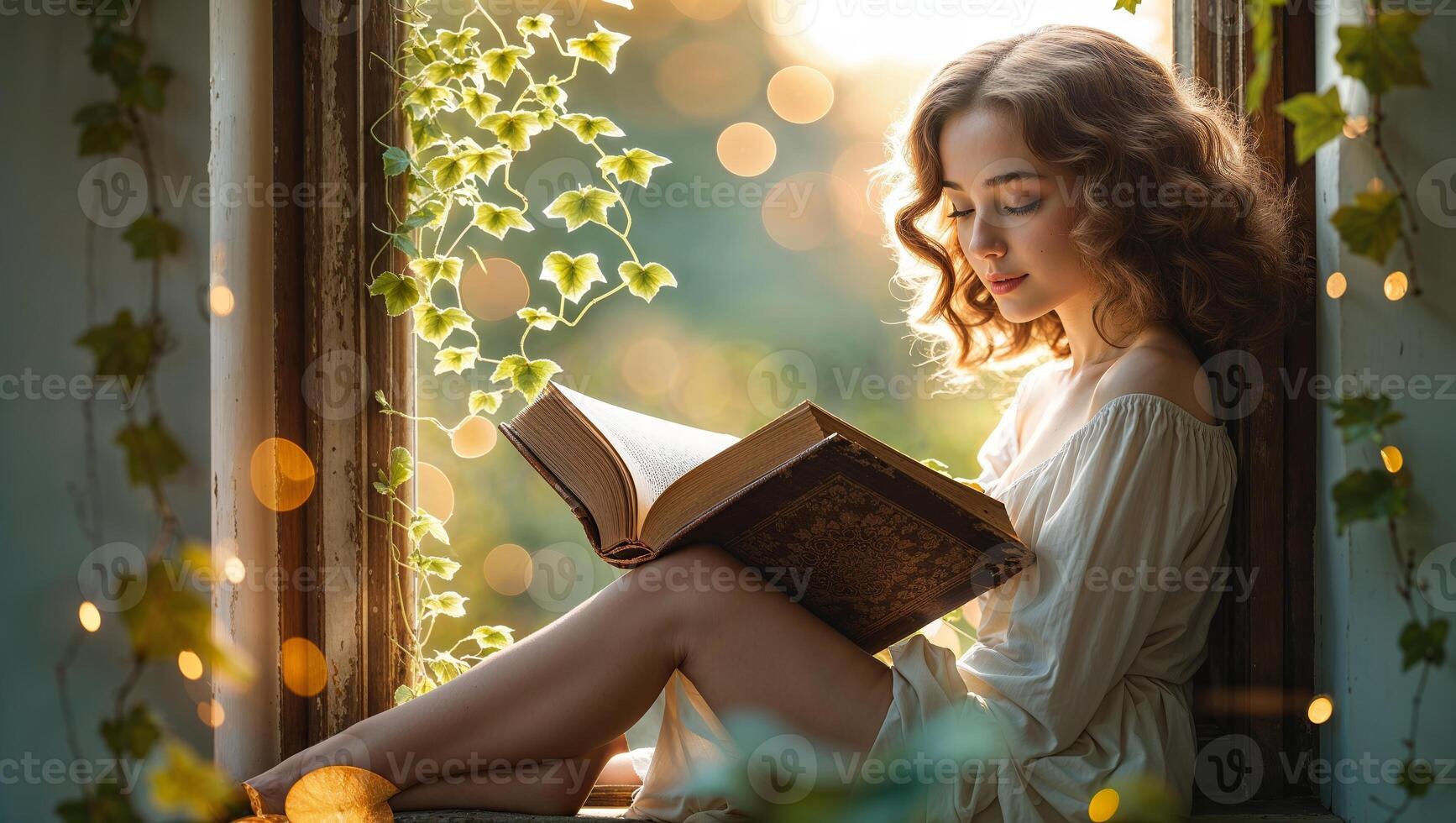 Young woman sitting by a sunny window reading a book with green vines and warm light surrounding her photo