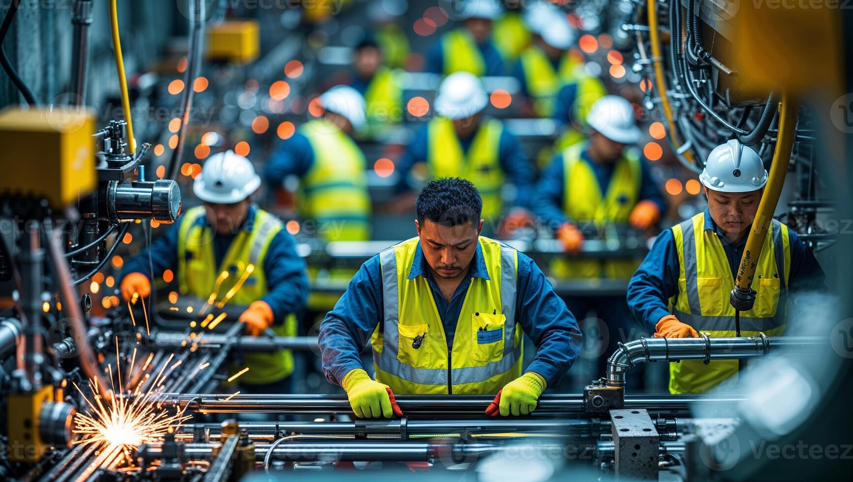 Workers engage in industrial assembly with bright sparks flying during a busy daytime shift in a manufacturing facility photo