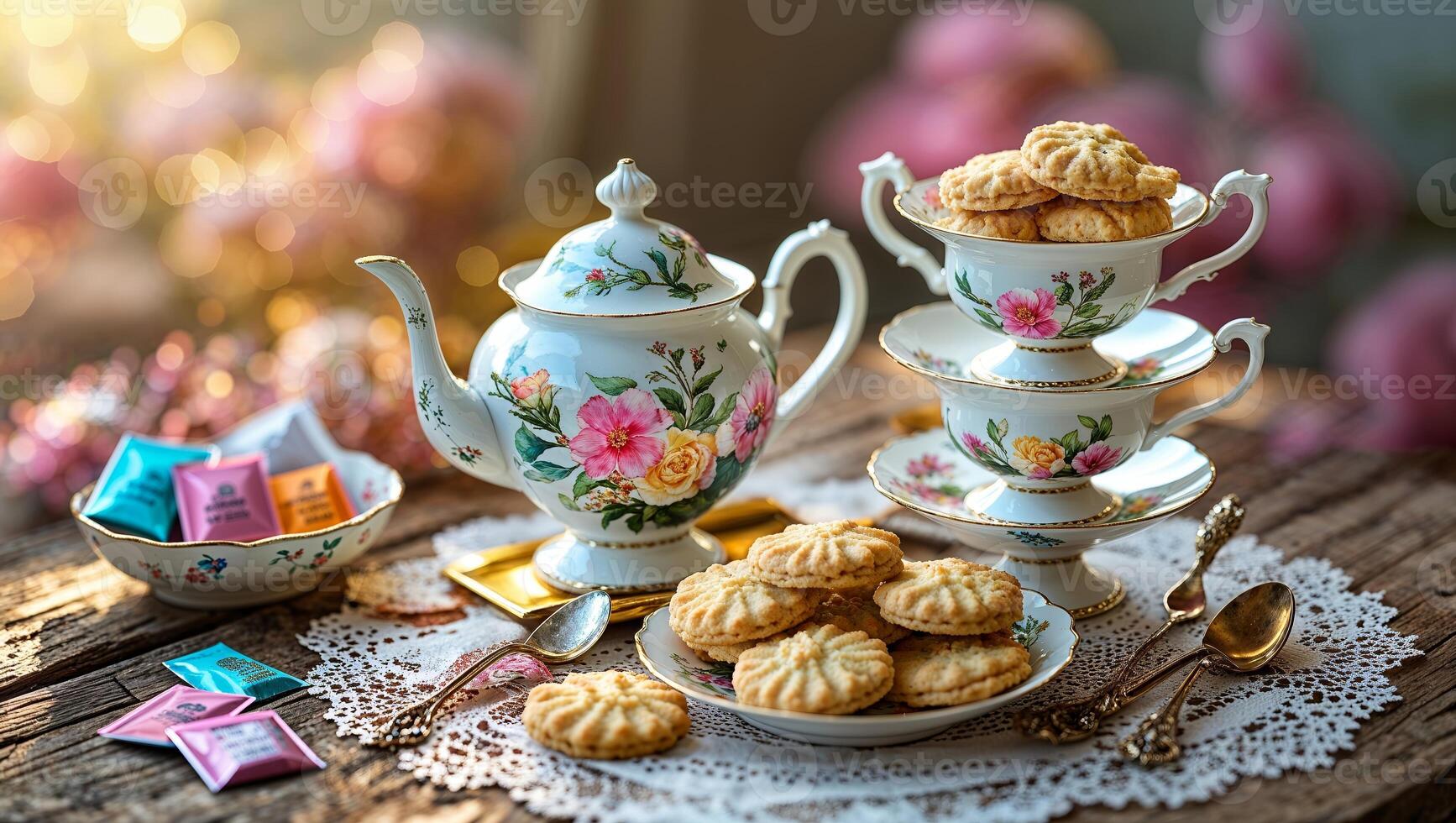 Elegant afternoon tea setup with floral teapot, delicate pastries, and colorful sugar packets photo