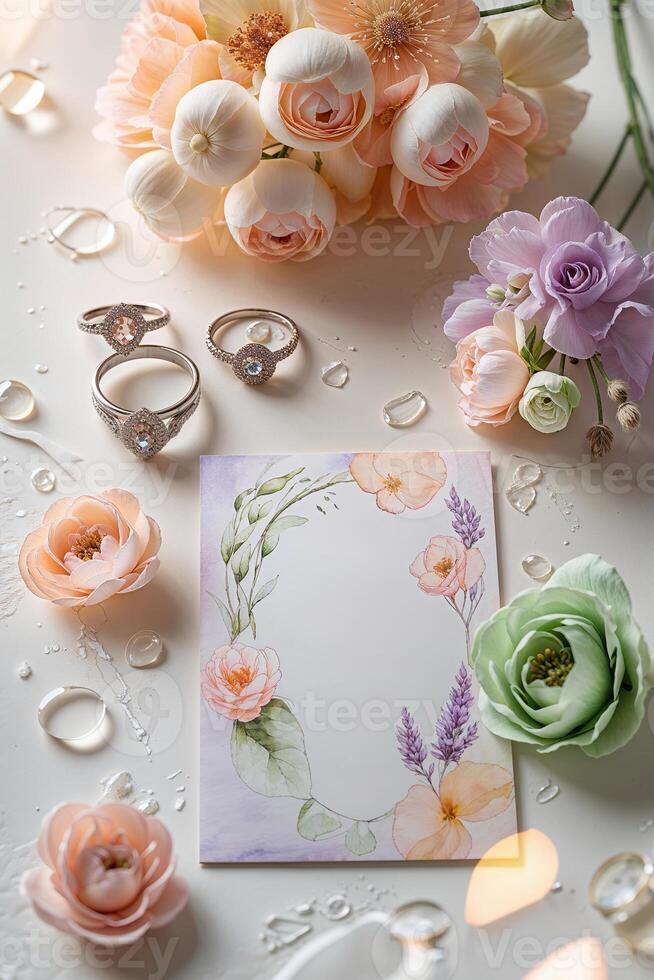 Elegant floral arrangement with rings and a decorative card on a serene background photo