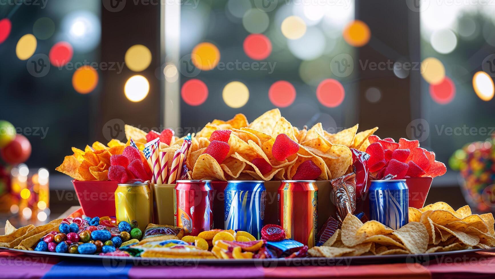 Colorful party spread featuring snacks and drinks on a table during an evening gathering photo