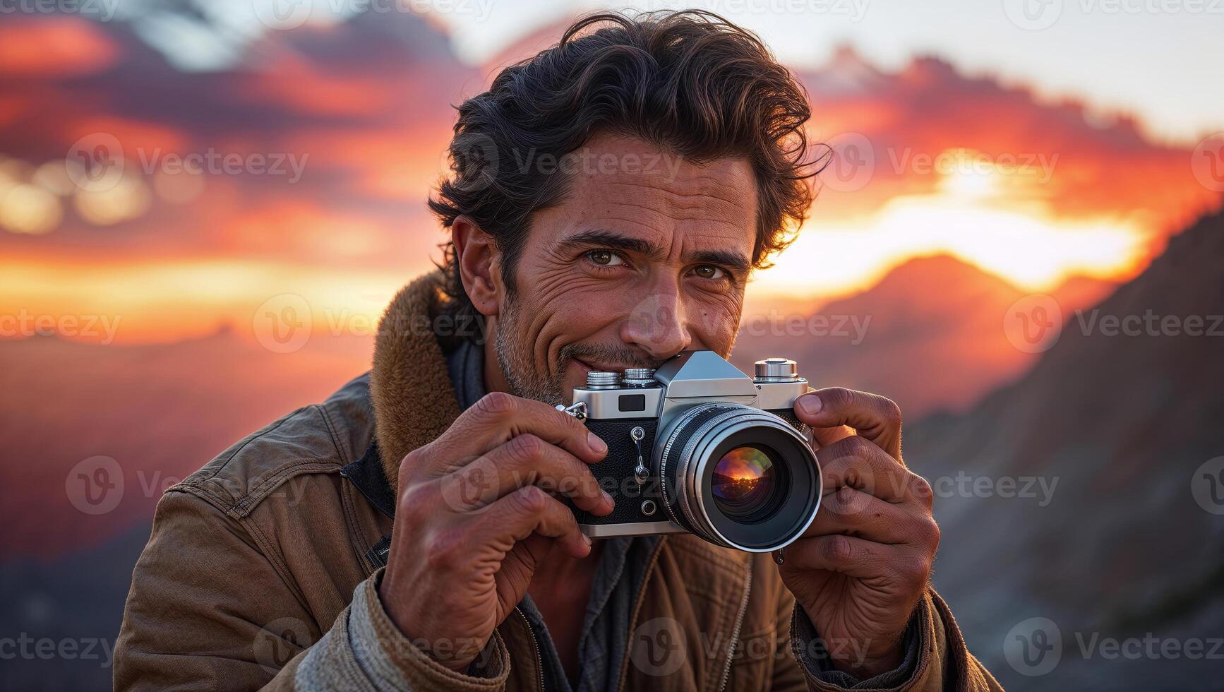 Smiling photographer capturing breathtaking sunset view atop a mountain landscape photo