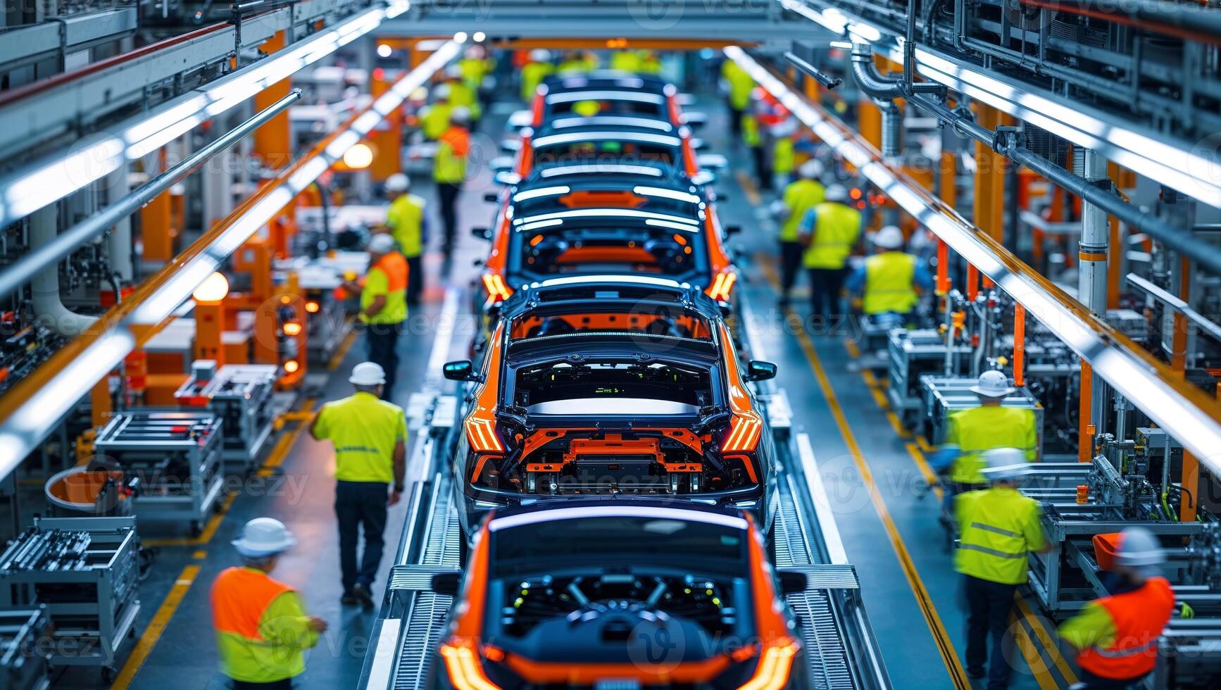 Automotive factory assembly line showcasing workers assembling modern vehicles in a well-lit industrial environment photo