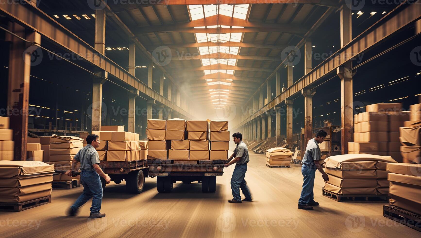 Workers transporting boxes in a large warehouse during daylight hours photo
