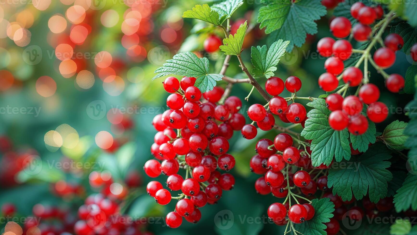 Fresh red currants hang from a vibrant green bush in a sunlit garden during the summer season photo