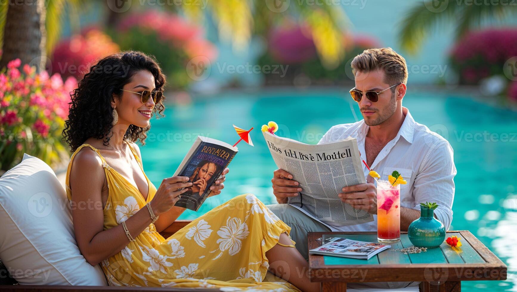 Relaxing by the poolside in tropical paradise with drinks and reading materials photo