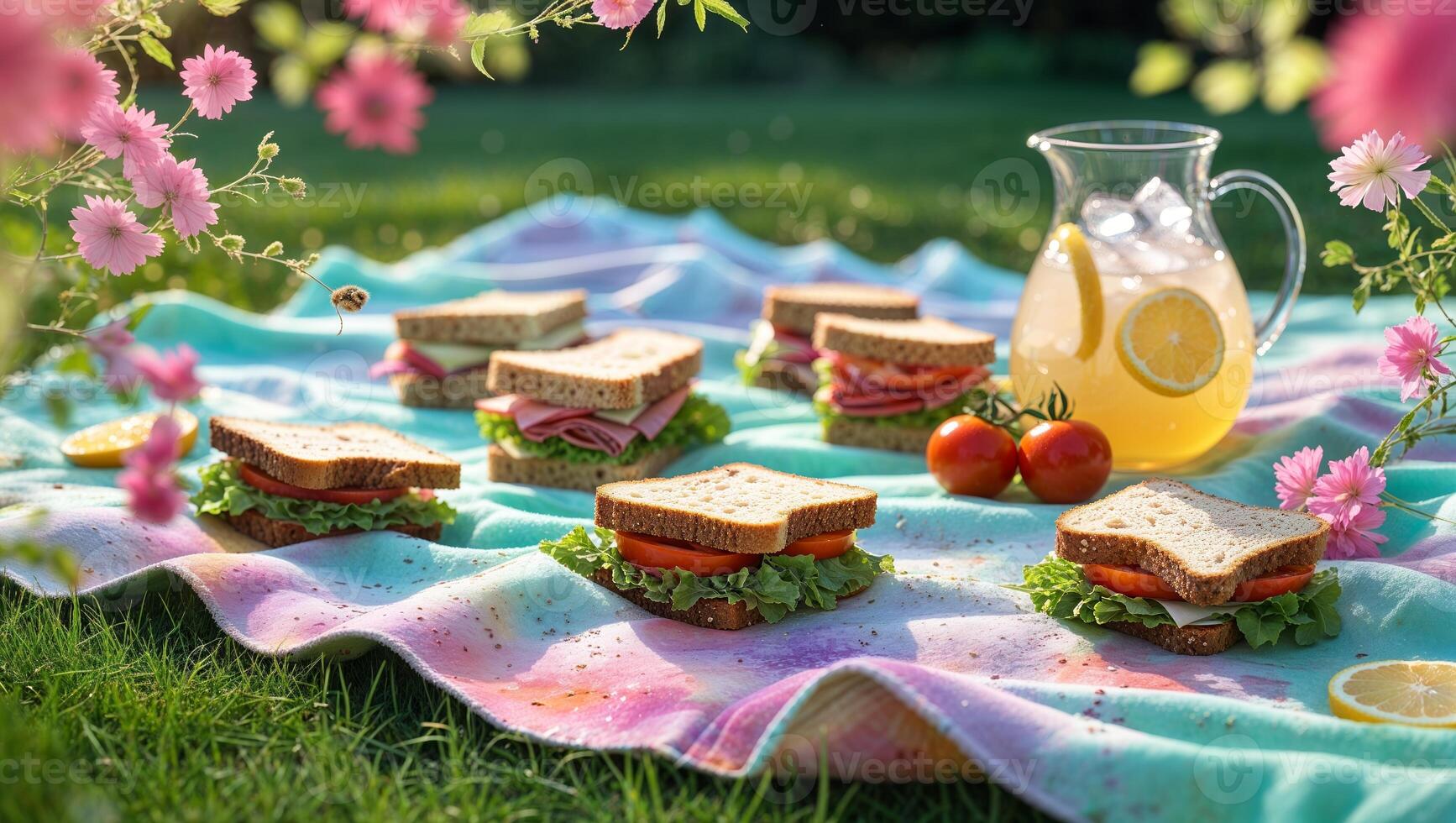 Enjoying a delightful picnic with sandwiches and refreshing lemonade on a sunny day surrounded by vibrant flowers photo