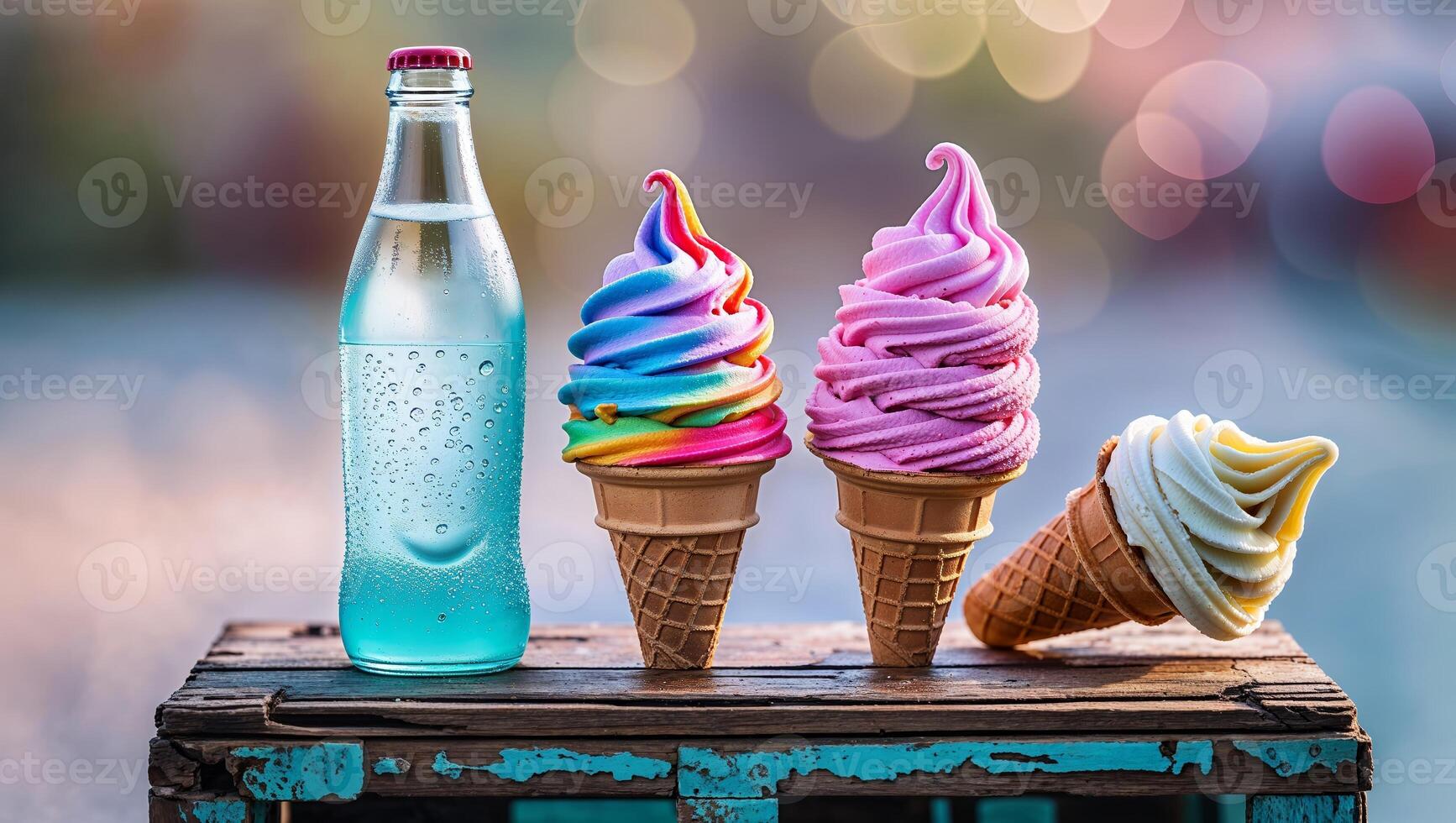 Colorful ice cream cones and a refreshing drink on a warm day in an outdoor setting with soft bokeh background photo