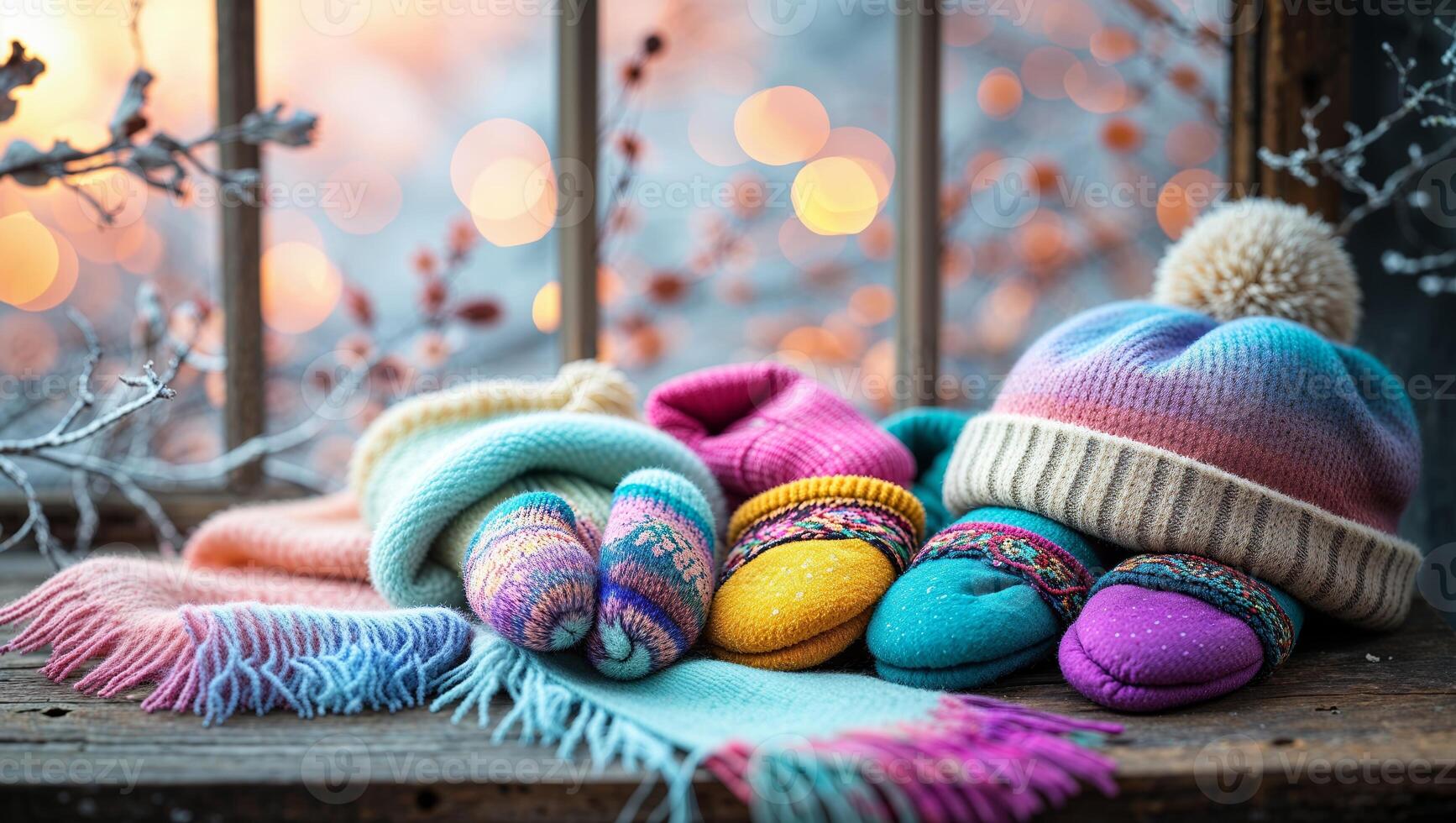 Colorful winter accessories displayed on a rustic windowsill with blurred lights in the background photo