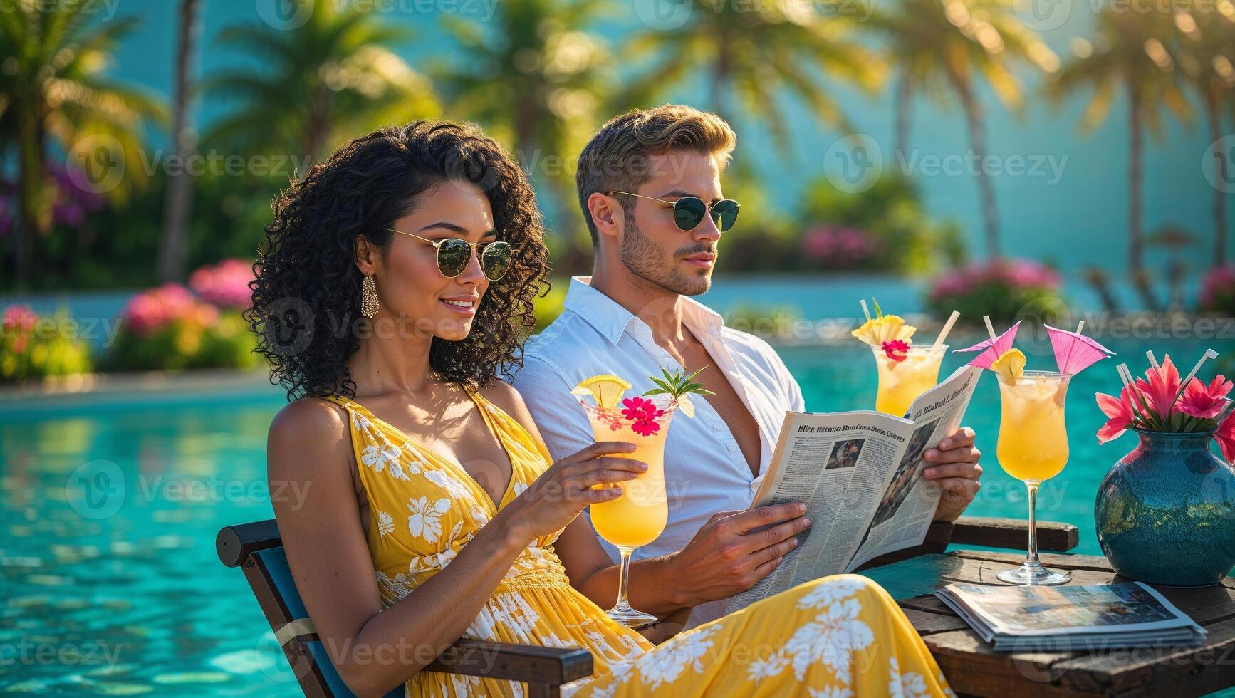 Couple relaxing by the pool, enjoying cocktails and reading amidst tropical scenery at sunset photo