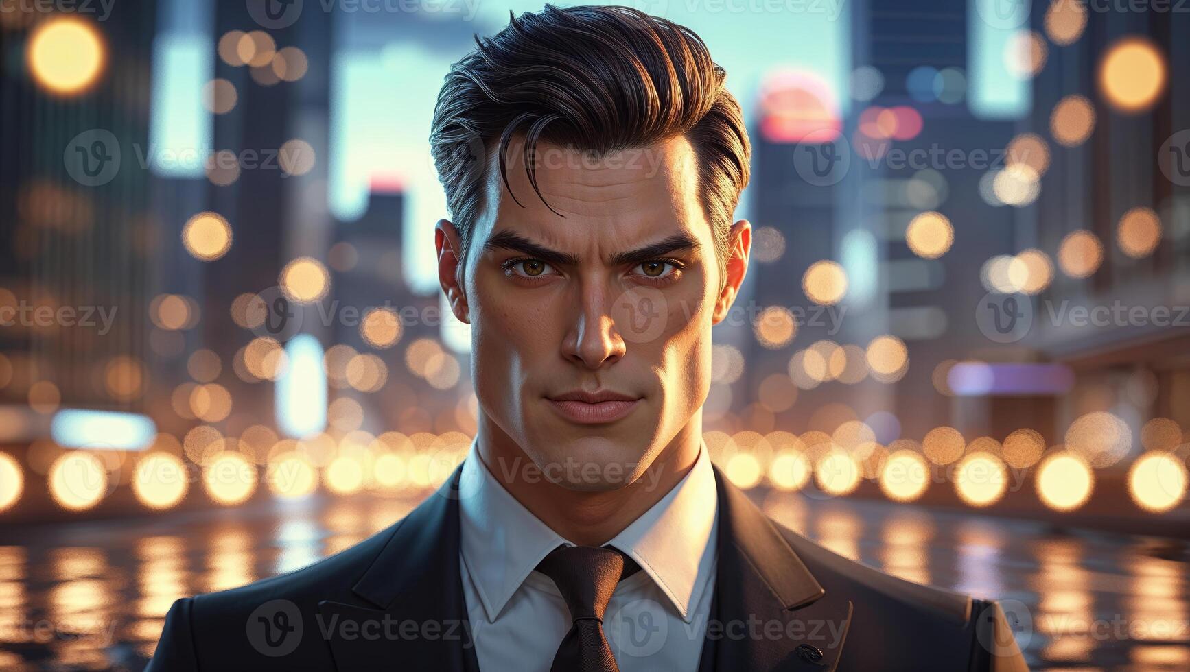 Confident business professional in a modern urban setting during twilight photo