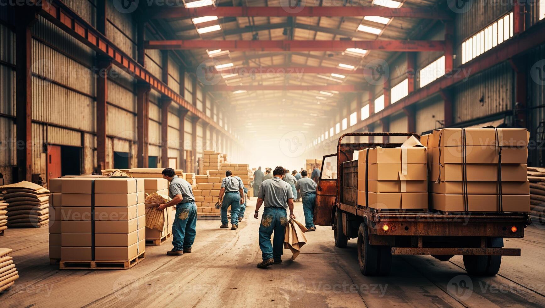 Workers organize cardboard boxes in a large warehouse during daylight hours photo