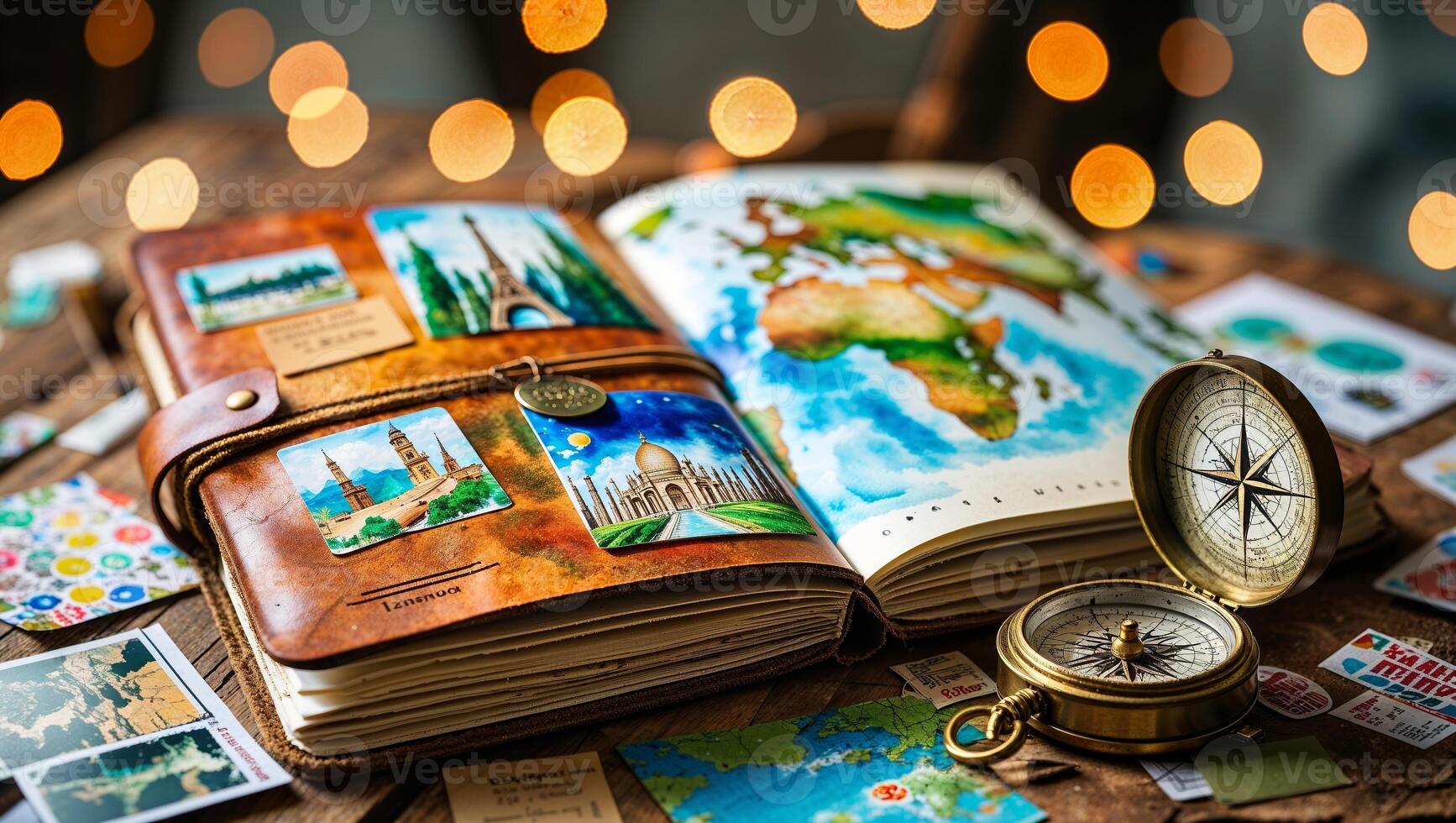 Travel planning with a colorful map, compass, passport, and postcards on a rustic wooden table photo