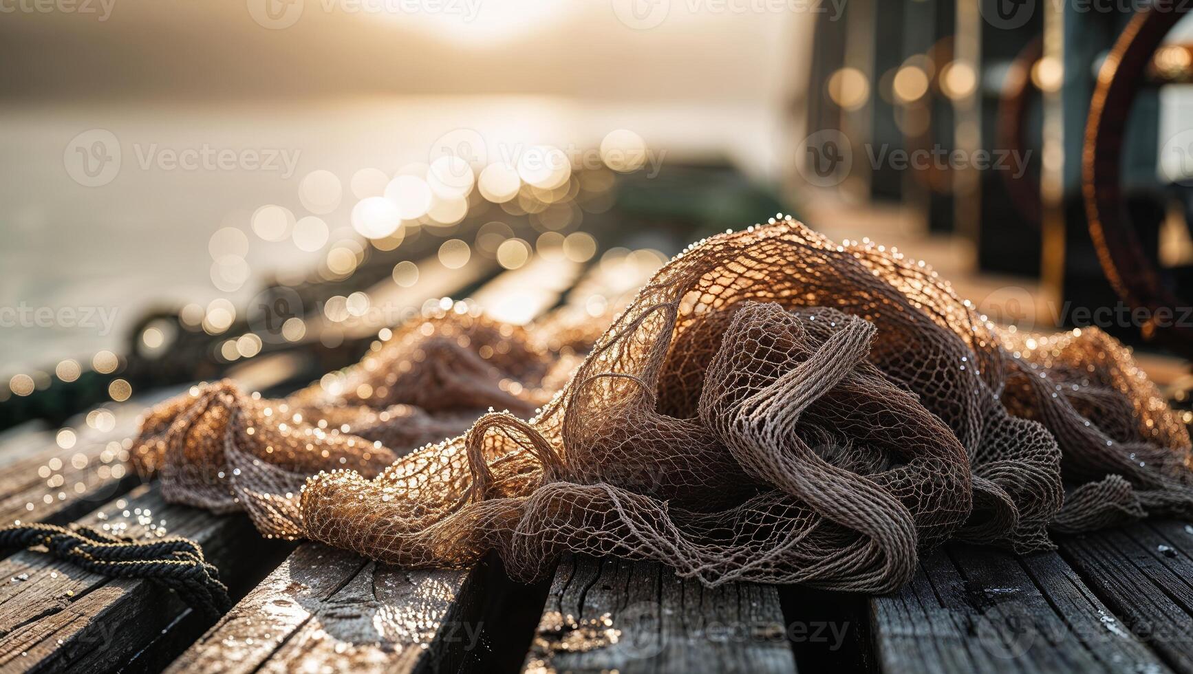 Wet fishing net rests on wooden pier at sunrise creating a tranquil seascape photo