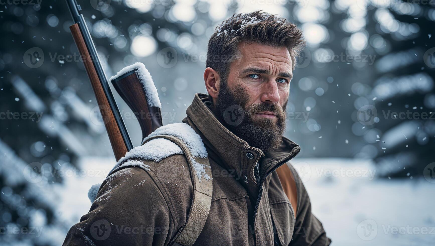 Hunter in winter landscape with snow-covered trees in a peaceful setting during daylight photo