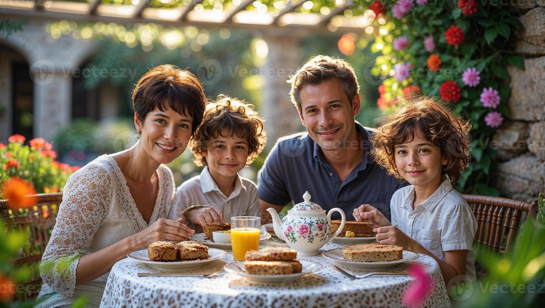 Family enjoys a sunny breakfast outdoors with fresh pastries and orange juice in a garden setting photo