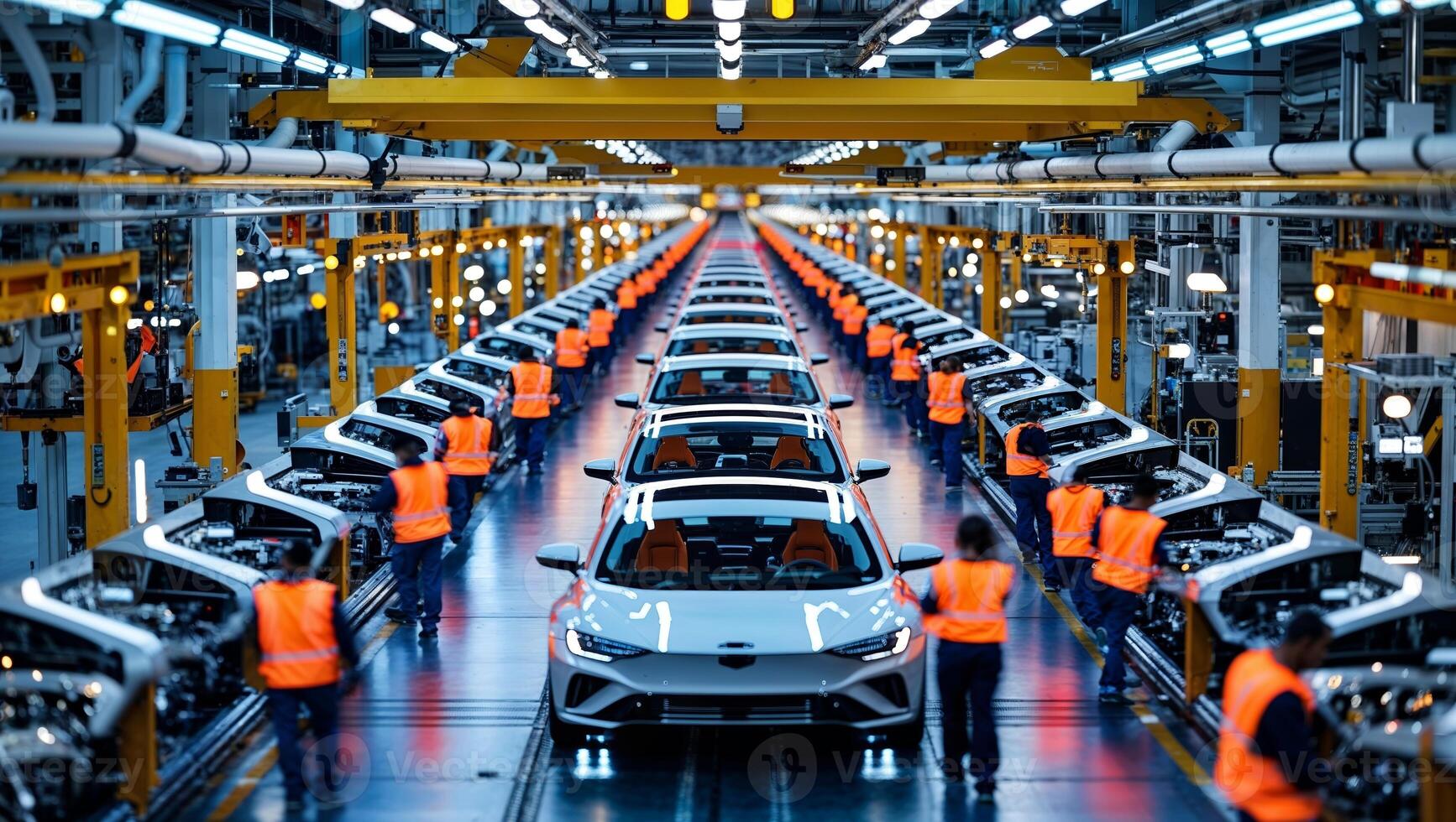 Automobile assembly line showcasing workers assembling vehicles in a modern factory setting photo