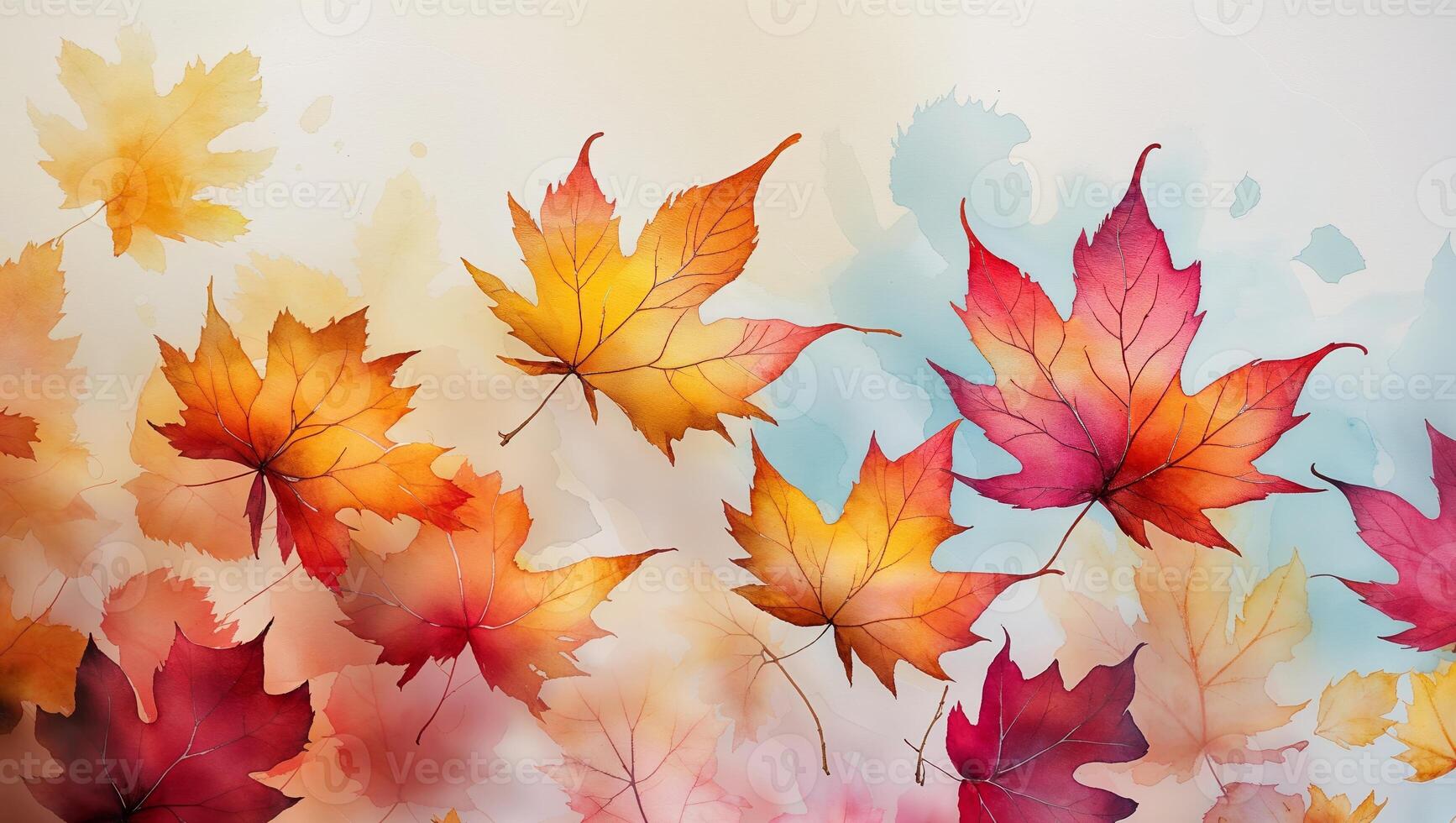 Colorful autumn leaves falling in a gentle breeze against a soft blue background photo