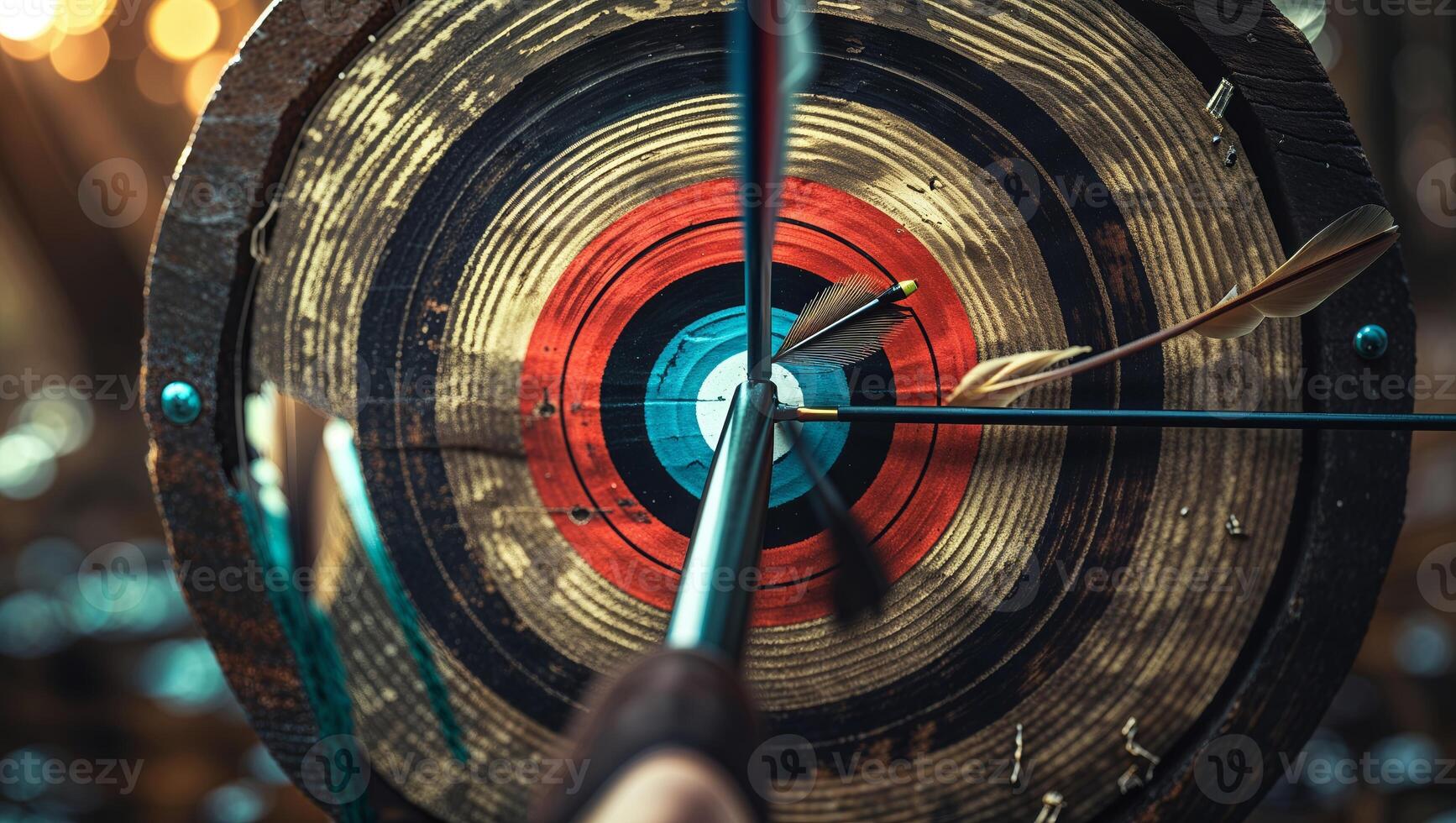 Archery practice session with arrows hitting target in indoor range photo